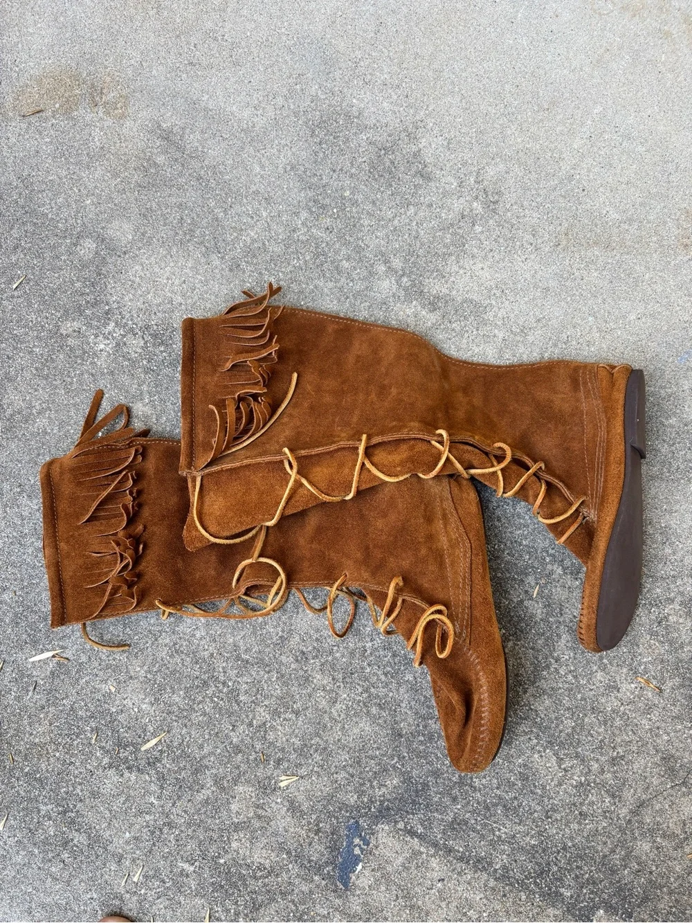 Minnetonka Chestnut Suede Fringe Lace-Up Over-The-Knee Boots